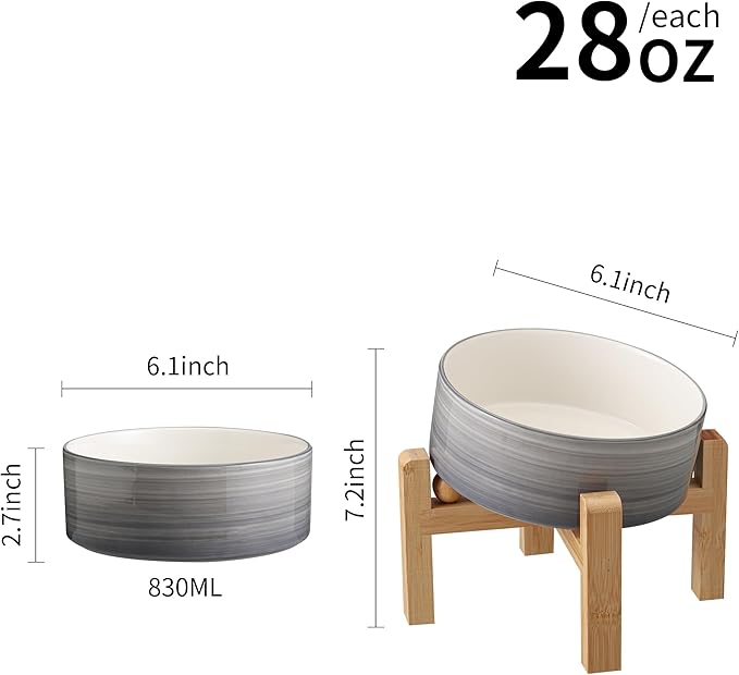 Elevated/Raised 15°Tilted Anti Slip Ceramic Dog Bowls,Slanted Bulldog Pet Food Water Feeding Dish Stand for Cats and Dogs (3.6 Cups/28 OZ) Grey White-PawvioPets