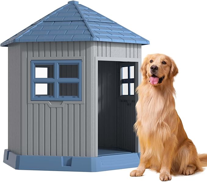 DRATO Dog House Indoor Outdoor Durable Large Dog Shelter with Outside Dog Kennel with Window and Elevated Floor for Small Medium Dogs (Blue, 34.8 * 30.51 * 36.89)-PawvioPets