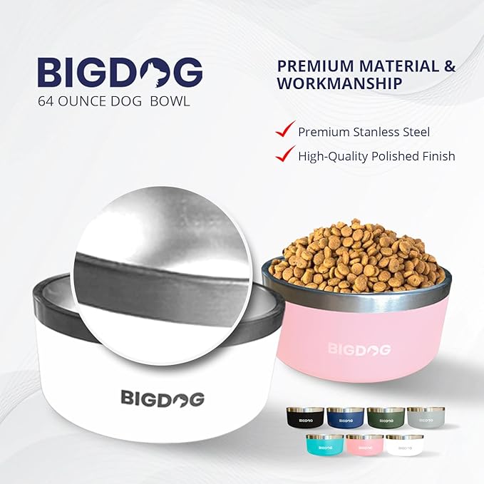 BigDog Dog Bowls, Dog Bowls for Large Dogs, Stainless Steel Dog Bowls, No Spill Dog Bowls, Dog Food and Water Bowl (64 Ounce, Black)-PawvioPets