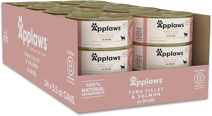 Applaws Natural Wet Cat Food in Broth, Limited Ingredient Canned Wet Cat Food, No Additives, Made with Natural Ingredients, Tuan Fillet & Salmon in Broth (24 x 5.5oz Cans)-PawvioPets