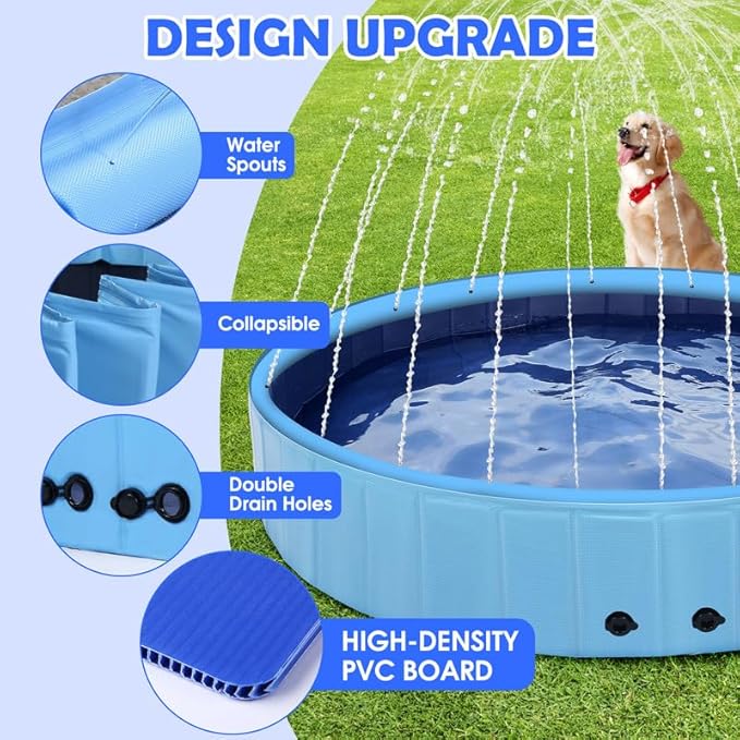 71" Large Dog Pool with Sprinkler, 2-in-1 Foldable Swimming Pool Non-Slip Hard Plastic Splash Sprinkler Kiddie Pool for Outdoor Backyard Kids Dogs Ducks and Pet Baths-PawvioPets