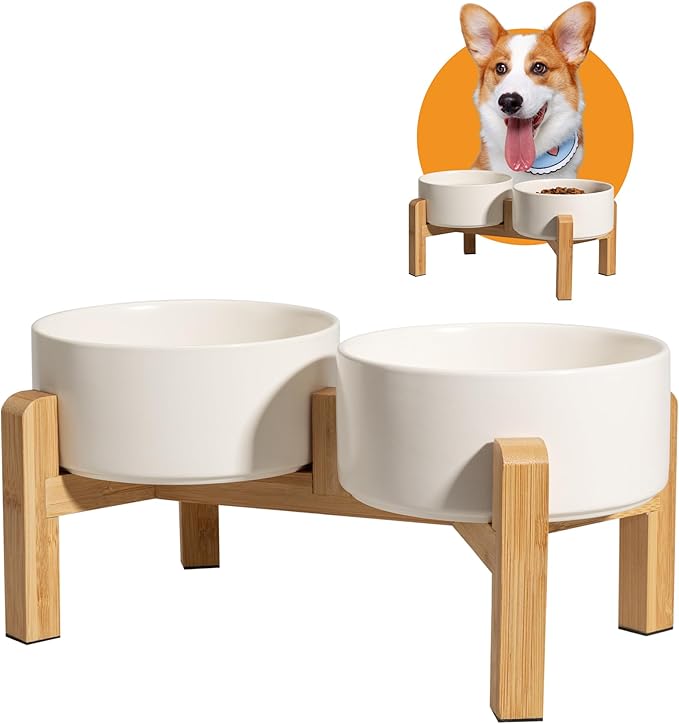 Elevated Ceramic Dog Bowl Set - Raised Dog Bowls with Non-Slip Bamboo Stand - Dog Food and Water Bowl Set - Double Dog Feeding Bowls - Suitable for Small and Medium Dogs - 28.74 OZ - 3.6 CUPS - 850 ML-PawvioPets