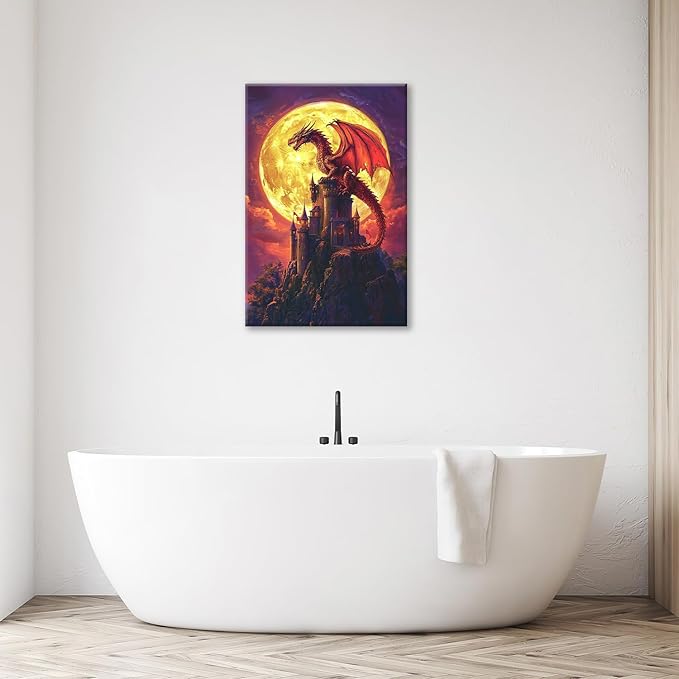 Dragon Bathroom Pictures Wall Art, Red Dragon Castle Bathroom Wall Decor, Framed Painting Canvas Artwork for Bedroom Living Room Decorations 24"L x 16"W-PawvioPets