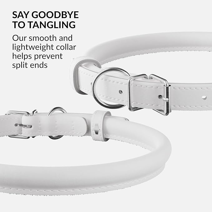CollarDirect Rolled Leather Dog Collar, Soft Padded Round Puppy Collar, Handmade Genuine Leather Collar Dog Small Large Cat Collars 13 Colors (13-16 Inch, White Smooth)-PawvioPets