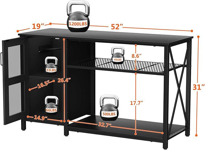 55-75 Gallon Fish Tank Stand , Aquarium Stand with Cabinet & Power Outlets for Fish Tank Accessories Storage, Heavy Duty Metal Terrarium Stand, 52" L*19" W Tabletop, 1200LBS Capacity, Black-PawvioPets