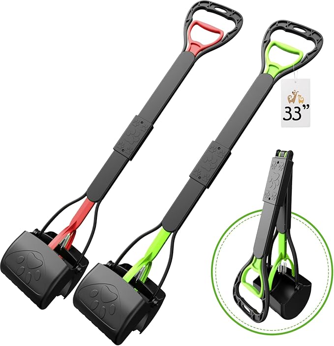 33" Pooper Scooper 2 Pack, XL Tall Handle No Touch Dog Pooper Scooper for Large Small Dogs, Durable Spring & Lightweight, Large Pooper Scooper for Dogs Heavy Duty, Foldable Dog Poop Pick Up Tool-PawvioPets