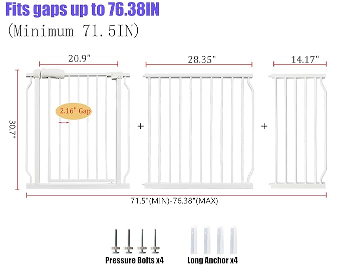 Baby Gates Extra Wide 71.5-76.4 Inch Large Baby Gates for Stairs Tension Pet Dog Gates Indoor for Doorways No Drilling Pressure Mounted Pet Gates for Kids-PawvioPets