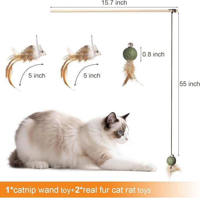 Cat Feather Toys with Catnip Ball, Feathers & Bell - 2 Replaceable Mouse Heads, Elastic Rope & Wooden Handle for Aggressive Kittens, Durable Bite-Proof Interactive Cat Teaser for Indoor Play-PawvioPets