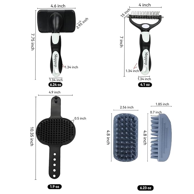 Dog Brush Kit for Grooming Short & Long Haired Dogs & Cats, 4-in-1 Pet Grooming Set with Self-Cleaning Slicker Brush, Deshedding Tool, Shampoo Bath Comb, Massge Comb (White Black)-PawvioPets