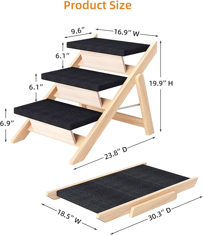 Dog Stairs/Ramp for Bed, Wooden Convertible Pet Steps, Portable Dog Ladder Up to 180 Pound for Elderly/Short-Legged Dogs, 3 Steps for Beds, Couch, Cars-PawvioPets