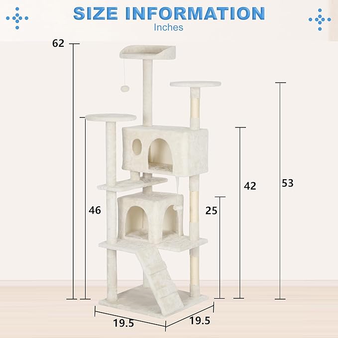 FDW Cat Tree Tower 62in Multi-Level Durable Cat Scratching Post & Cozy Fun Jumping Platform Space Saving Condo Pet Play House for Indoor Cats, Beige-PawvioPets