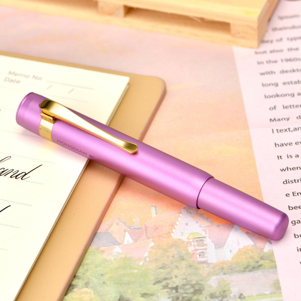 Hongdian M2 Black Forest Mini Fountain Pen, Long Blade Nib & Sleek Shape Aluminium Short Pocket Travel Pen (Lilac Purple)