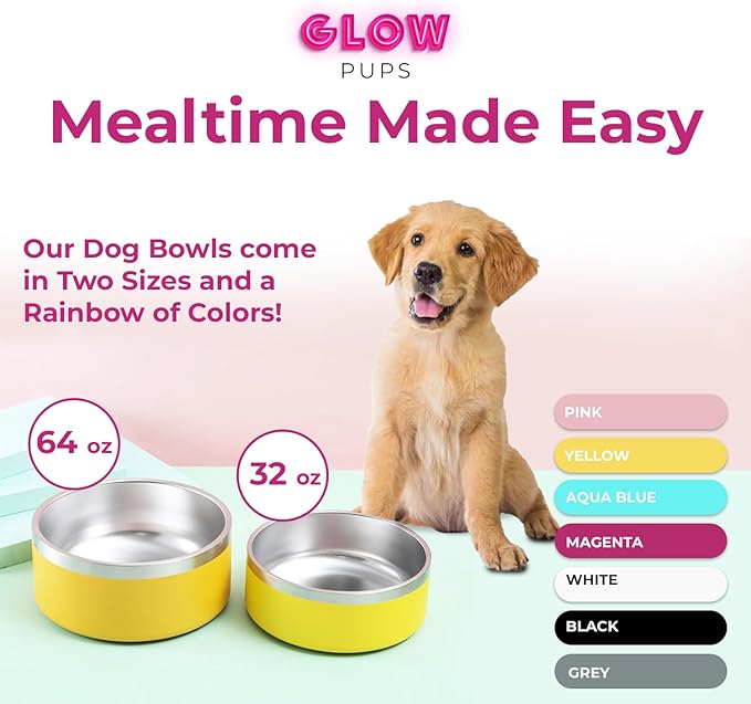 Dog Bowl - Vacuum Insulated Keeps Water Cool, Non-Slip Base, Easy Clean Interior, Durable Stainless Steel, Multiple Colors, Ideal for Travel, 32 Oz - Pet Bowl (Yellow)-PawvioPets