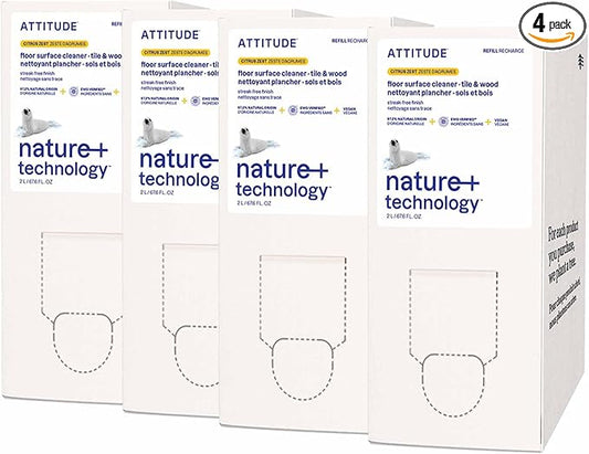 ATTITUDE Floor Cleaner Refill, EWG Verified, Streak-Free, Vegan & Plant-Based for Tile, Wood & Laminate Floors, Citrus Zest Scent, 67.6 Fl Oz (Pack of 4)-PawvioPets