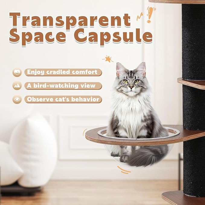 70.9'' Black Cat Tree for Indoor Cats Large Adult, Heavy Duty Cat Tower with Scratching Post, Modern Kitty Tree with Removable Mats, Semi-closed Condo and Transparent Bowl, Wooden Luxury Cat Furniture-PawvioPets