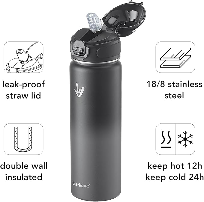 Enerbone 24 oz Insulated Water Bottle, Stainless Steel Bottle with Carrying Strap, Double-Wall Vacuum Insulation Design, Leakproof Sports Bottle with Straw, Keep Drinks Cold or Hot for Hours-PawvioPets