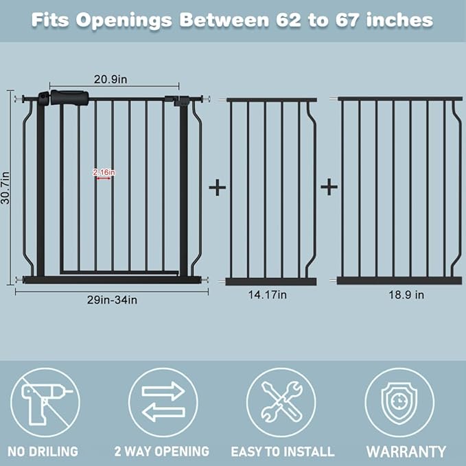Extra Wide Baby Gate Black 62-67 Inch Wide Pressure Mounted Auto Close Child Safety Gate Long Dog Gate for House Doorways-PawvioPets