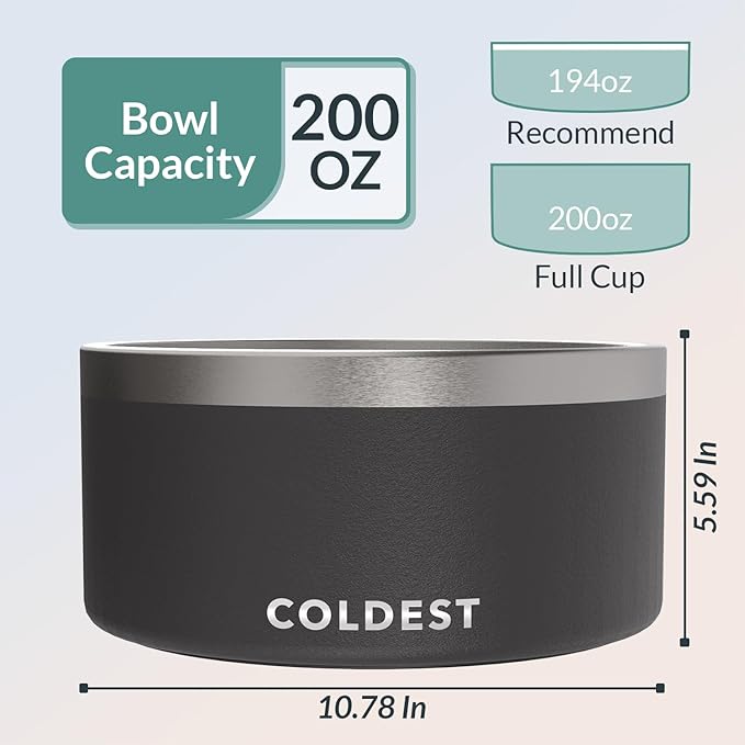 Coldest Dog Bowl - Anti Rust Metal, Non Slip, 3 Layers Insulated Stainless Steel Dog Bowls - Spill Proof & Heavy Duty - Water Bowl for Dogs, Cats & Pets, Dish Washer Safe (200 oz, Stealth Black)-PawvioPets