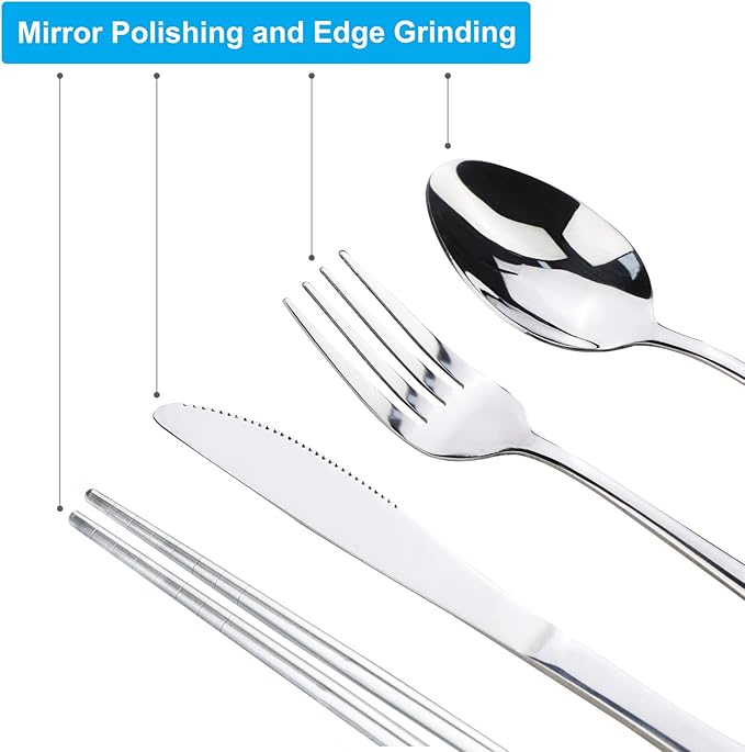 10PCS Portable Silverware Set with Case, Lengnoyp Travel Camping Utensils Set, Premium Stainless Steel Travel Cutlery Set, Reusable Safe Flatware Sets for Lunch Box/Workplace/Students, Silver-PawvioPets