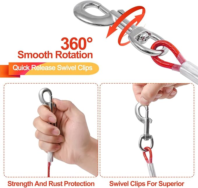 10FT Heavy Duty Dog Tie Out Cable for Large Dogs up to 125lbs, Durable Runner Tether Line (Red)-PawvioPets