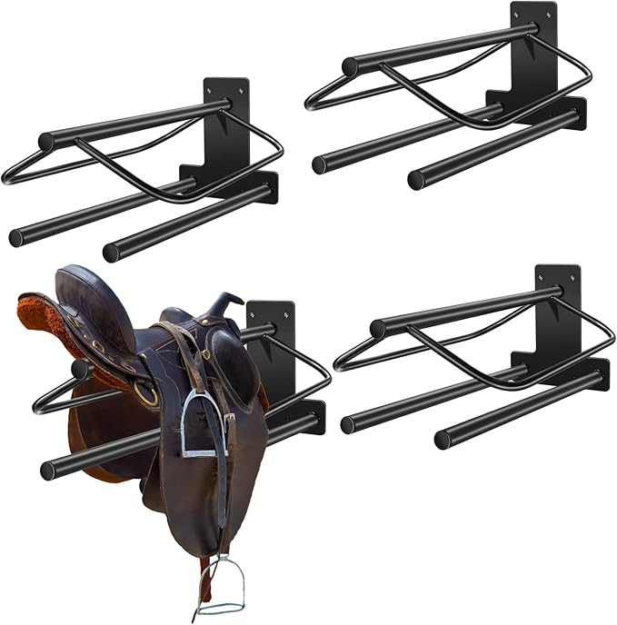 4 Sets Wall Mounted Saddle Rack With Double Pad Bar - Heavy Duty Stand for English and Western Saddles - 23.8x12.6x7.5 Inches-PawvioPets