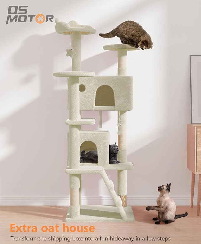 60'' Cat Tree Tower for Indoor Cats Large Adult,Cute/Tall Modern Cat Tree for Big Cats 20 lbs, Plush Multi-Level Cat Condo with Scratching Posts, Dangling Ball Indoor (Beige, 60 inch)-PawvioPets