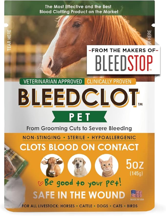 BleedClot Pet FirstAid Blood Clotting Powder | Stop Bleeding on All Animals Guaranteed | Minor Cuts to Arterial Bleeding | from Makers of BleedStop | Veterinarian + Household Use (1 Pouch, 5 oz)-PawvioPets