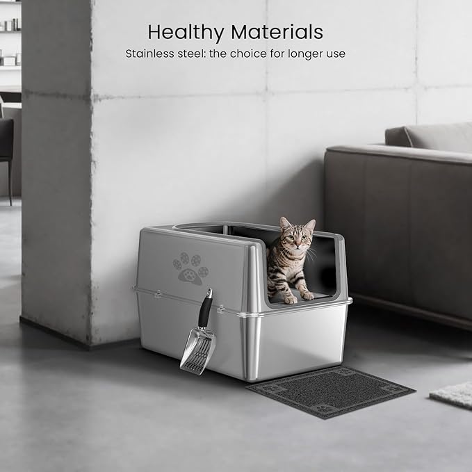 Enclosed Stainless Steel Cat Litter Box with Lid, Metal Litter Box for Big Cats, Extra Large Cat Toilet with High Side, Non-Stick, Anti-Leakage, Odorless, with Cats Litter Mat & Litter Scoop-PawvioPets