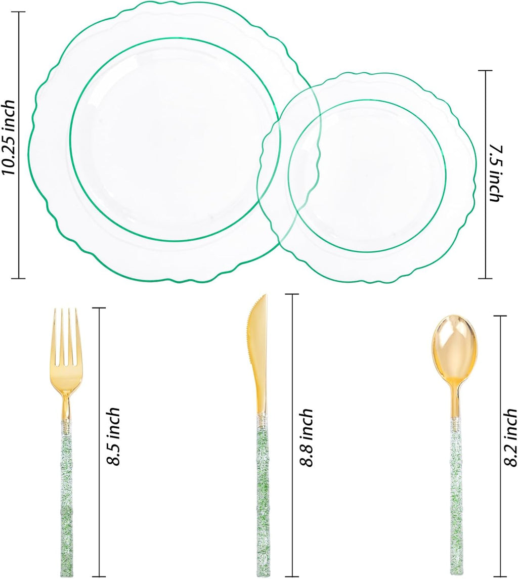 Liacere 150PCS Clear and Green Plastic Plates - Disposable Plates with Glitter Bamboo Handle Cutlery - 60 Baroque Elegant Plates,30Forks,30Spoons,30Knives for St. Patrick's Party