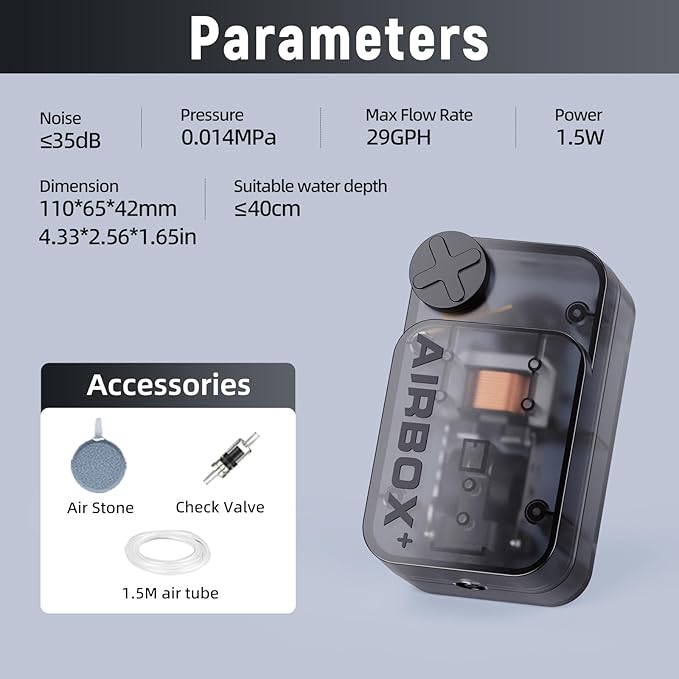 Aquarium Air Pump,Ultra-Quiet/Small Size/More Output Air Pump for Fish Tank 1.5w/29GPH/14Kpa,with Air Stone Bubbler,Adjustable Airflow,Single Outlet Suitable for 20-40 Gallon Fish Tank-PawvioPets