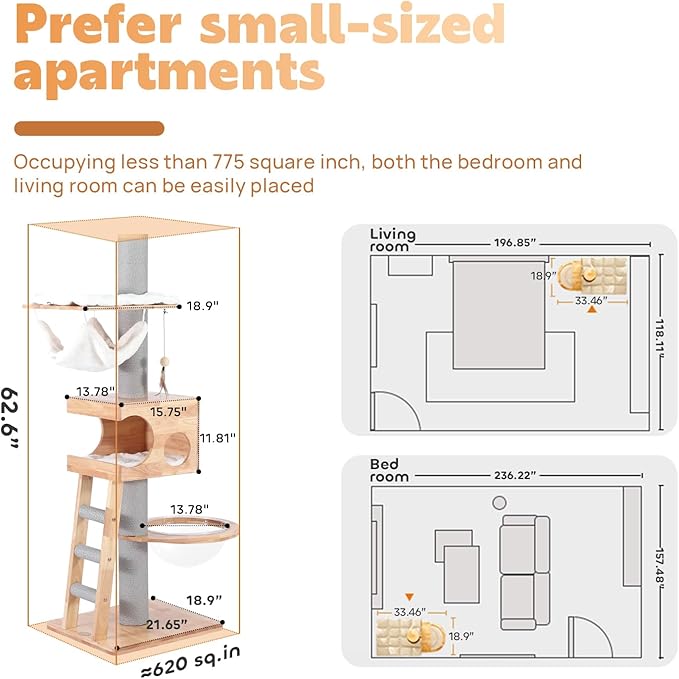 63-inch Modern Cat Tree, Luxury Cat Tower with Scratching Post, Unique Cat Condo with Hammock, Heavy Duty Kitty Climbing Tree for Indoor Cat, Wooden Kitty House for Small Medium Large Cats-PawvioPets