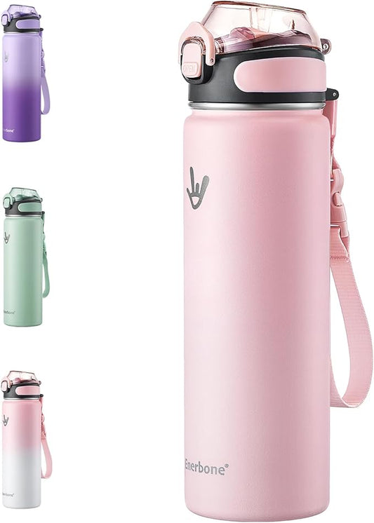 Enerbone 24 oz Insulated Water Bottle, Stainless Steel Bottle with Carrying Strap, Double-Wall Vacuum Insulation Design, Leakproof Sports Bottle with Straw, Keep Drinks Cold or Hot for Hours-PawvioPets