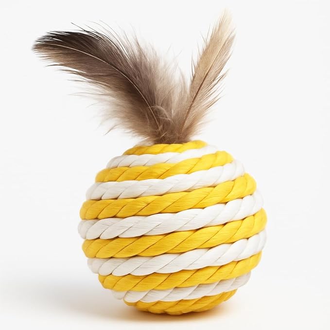 Ball for cat with Feathers - Balls for Cats – Natural Toy for Indoor Cats – Eco-Friendly, Durable, Interactive Play Balls for Kittens – Pet-Safe Chew & Scratch Toys (Yellow)-PawvioPets