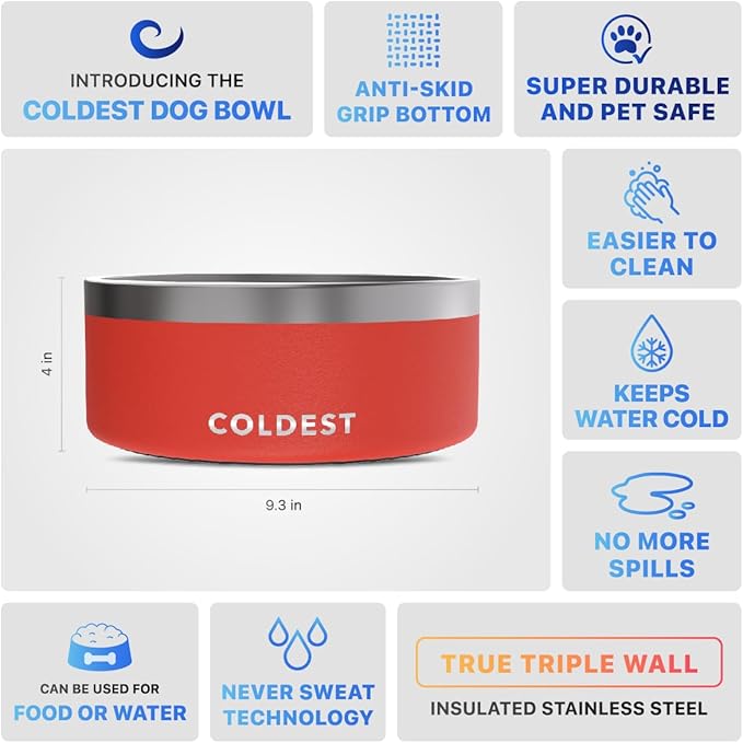 Coldest Dog Bowl - Anti Rust Metal, Non Slip, 3 Layers Insulated Stainless Steel Dog Bowls - Spill Proof & Heavy Duty - Water Bowl for Dogs, Cats & Pets, Dish Washer Safe (100 oz, Crimson Red)-PawvioPets
