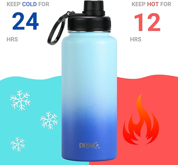 DRINCO Stainless Steel Water Bottle Spout Lid Vacuum Insulated Double Wall Water Bottle Wide Mouth (40oz 32oz 22oz 18oz 14oz) Leak Proof Keeps Cold or Hot (32 oz, 32oz Morning Sky Blue)-PawvioPets