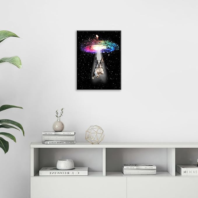 Funny Dog Wall Art Canvas Boston Terrier Wall Decor Prints Framed Painting Bulldog Galaxy Pictures Gifts Artwork for Bathroom 16"x20"-PawvioPets