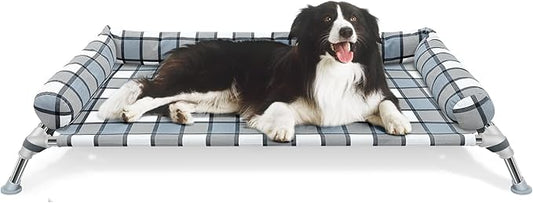Elevated Raised Dog Bed Cot - Cooling Raised Dog Bed with Bolster Portable Washable Pet Hammock with Pillows & Metal Frame for Indoor & Outdoor, Large-PawvioPets