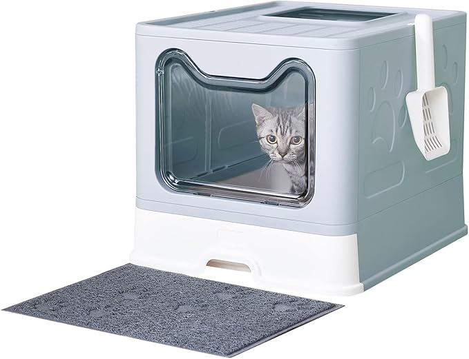 Cat Litter Box with Litter Mat and Scoop, Large Foldable Litter Box with Lid, Front Entry Top Exit Kitty Box, Odor Control, Easy to Clean (Blue)-PawvioPets