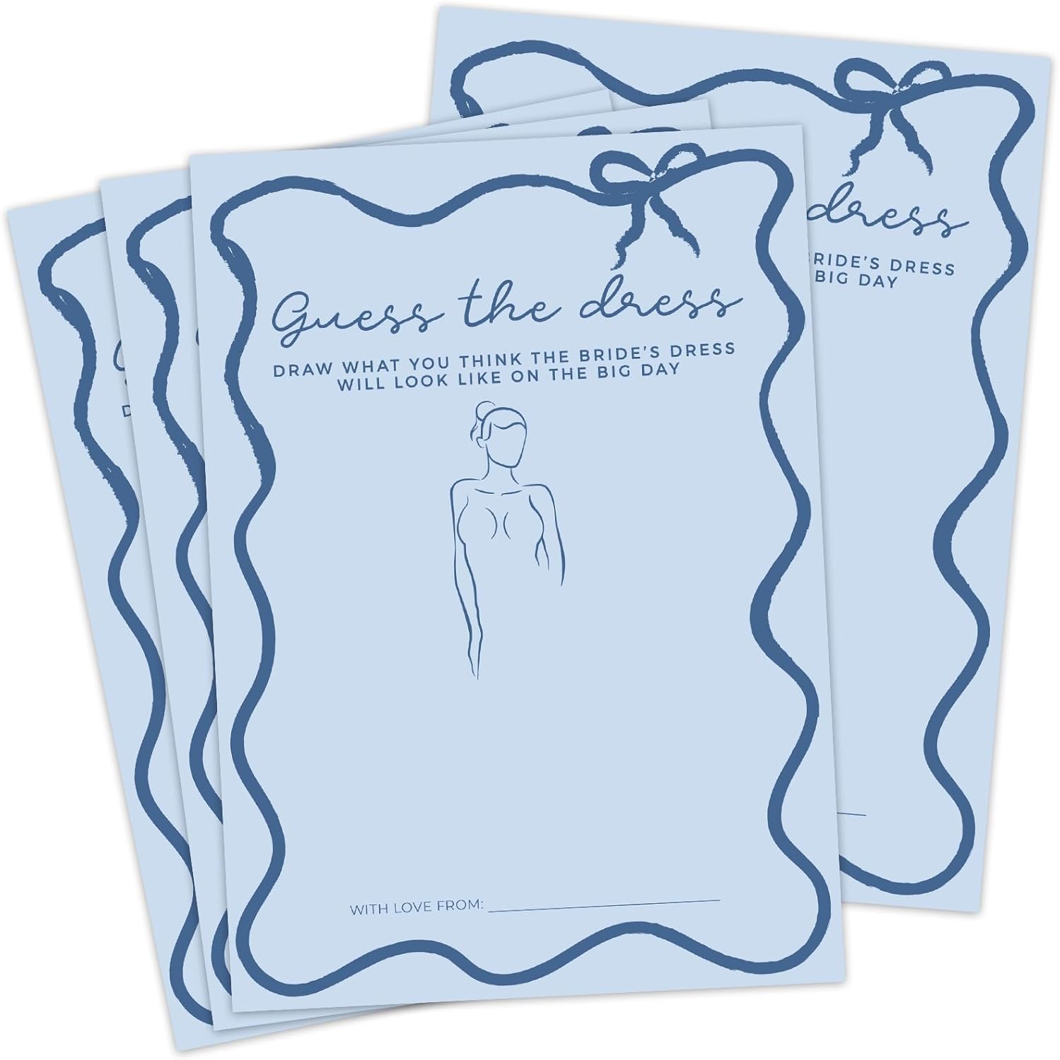 DEEKA 30 PCS Bridal Shower Games Card for 30 Guests Blue Wavy Border Ribbon Bow Funny Wedding Bachelorette Party Games for Reception (Guess The Dress)