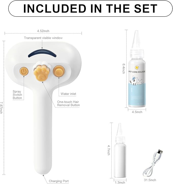 3-in-1 Pet Steam Brush Set for Dogs & Cats, Grooming Comb with Spray, Defur Tool, Water-Assisted Hair Removal, Gentle Cat & Dog Spritz Brush, Multi-Purpose Steam Grooming Kit-PawvioPets