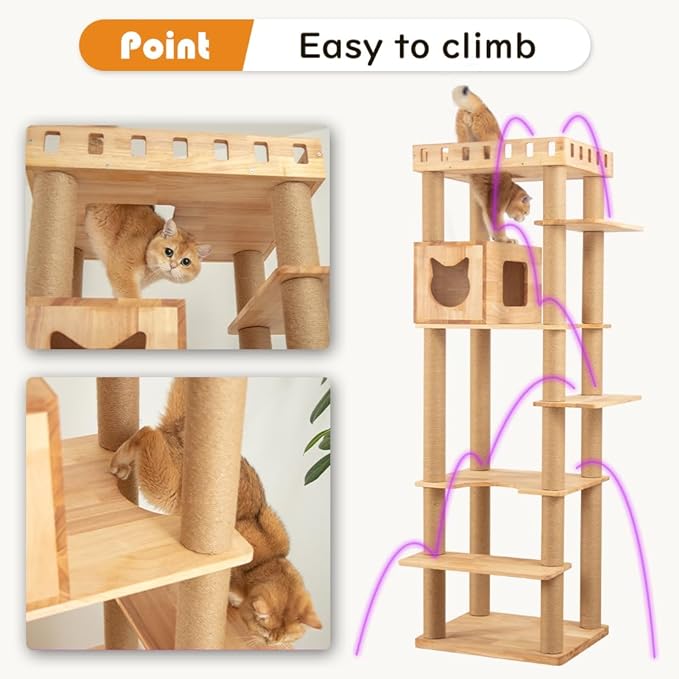 74" Wooden Cat Tree Tower for Large Cats, Multi-Level Cat Climbing Furniture with Scratching Posts, Cat Condo & Hammock, Natural Wood Cat Activity Center(Brown)-PawvioPets