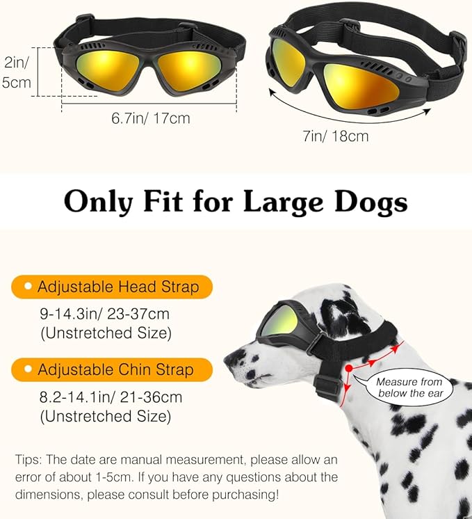 Dog Goggles Large Breed, UV Protection Dog Sunglasses with Sponge Pad and Adjustable Strap, Windproof Dustproof Anti-Fog Eye Protection Glasses for Outdoor Driving Riding, Black-PawvioPets