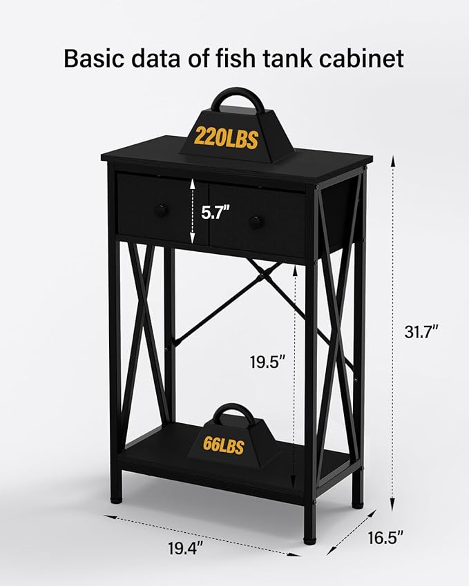 Fish Tank Stand for 5-10 Gallon Fish Tank: Aquarium Stand with Power Outlet - Metal 10 Gallon Tank Stand with Cabinet Drawer Storage for Turtle Tank, Reptile Terrarium (Black, 220LBS Capacity)-PawvioPets