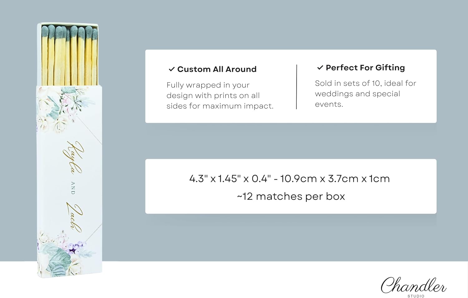 10 Boxes - Customized Matchboxes Colorful Tips (Wedding Design #5, 4" Matchboxes) (4" Matchsticks, Wedding Design #5)