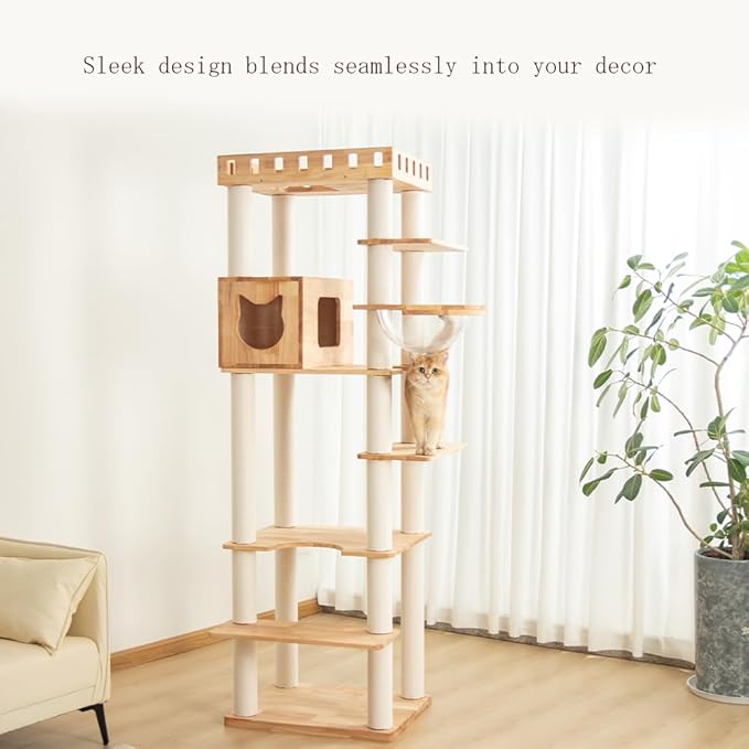 74.8" Wooden Cat Tree Tower for Large Cats, Multi-Level Cat Climbing Furniture with Scratching Posts, Cat Condo & Hammock, Natural Wood Cat Activity Center (White)-PawvioPets