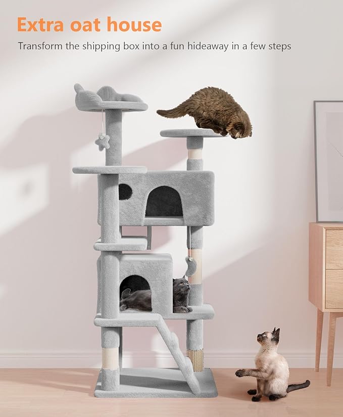 54" Cat Tree Tower for Indoor Cats Large Adult,Cute/Tall Modern Cat Tree for Big Cats 20 lbs, Plush Multi-Level Cat Condo with Scratching Posts, Dangling Ball for Fun (Light Gray, 54 inch)-PawvioPets