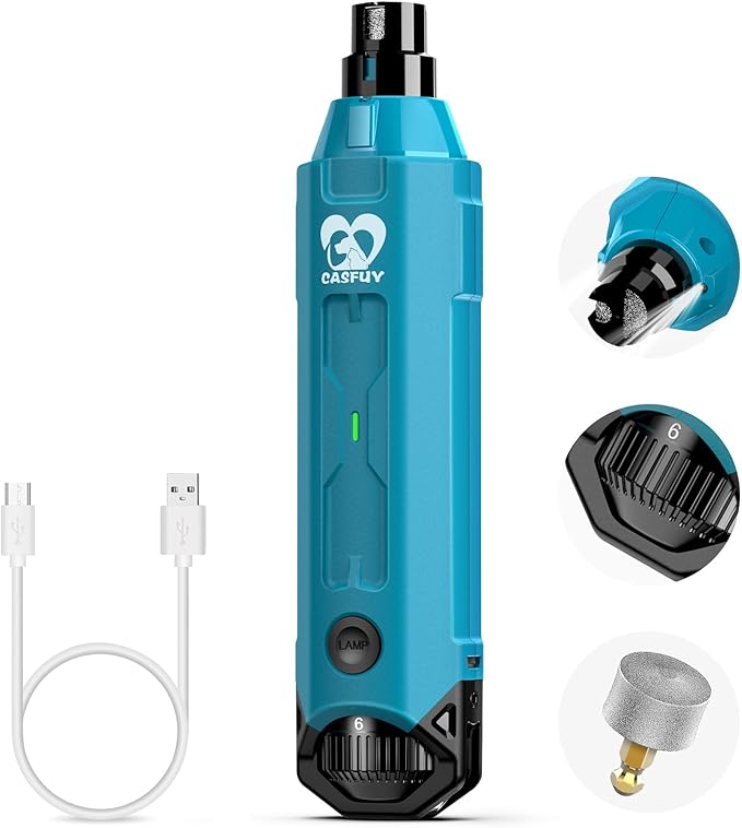 Casfuy 6-Speed Dog Nail Grinder - Newest Enhanced Pet Nail Grinder Super Quiet Rechargeable Electric Dog Nail Trimmer Painless Paws Grooming & Smoothing Tool for Large Medium Small Dogs (Bright Blue)-PawvioPets