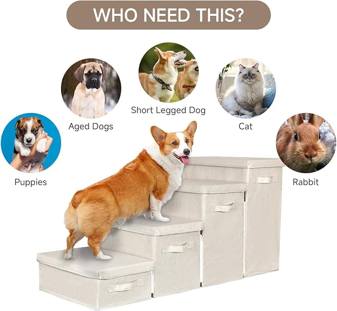 Dog Stairs with Storage, 4-Step Folding Pet Steps for Small Dogs and Cats, Pet Steps Storage with Zip, Pet Stairs for High Bed, Couch and Car Ramp (Beige, 4 Steps no Condo)-PawvioPets