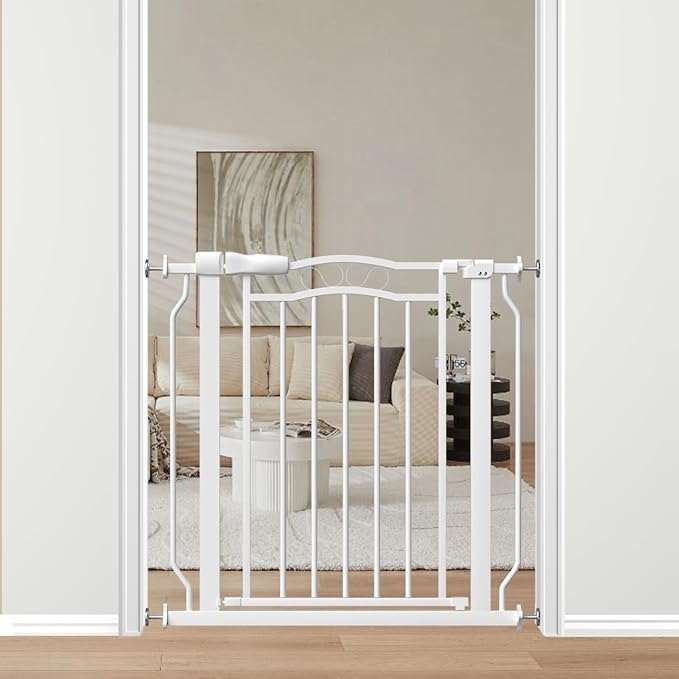 29.9-33.4 in Wide Baby Gate for Stairs Doorways, Auto Close Child Safety Gates Indoor for Dogs Pets, Pressure Mounted Metal Barrier Kids Toddler Door Walk Through, 30" Tall, White-PawvioPets