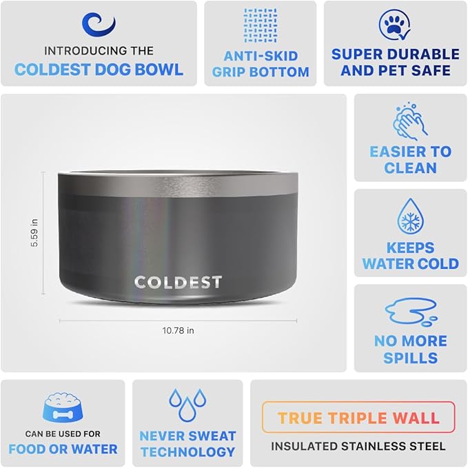 Coldest Dog Bowl - Anti Rust Metal, Non Slip, 3 Layers Insulated Stainless Steel Dog Bowls - Spill Proof & Heavy Duty - Water Bowl for Dogs, Cats & Pets, Dish Washer Safe (200 oz,Stardust Glitter)-PawvioPets